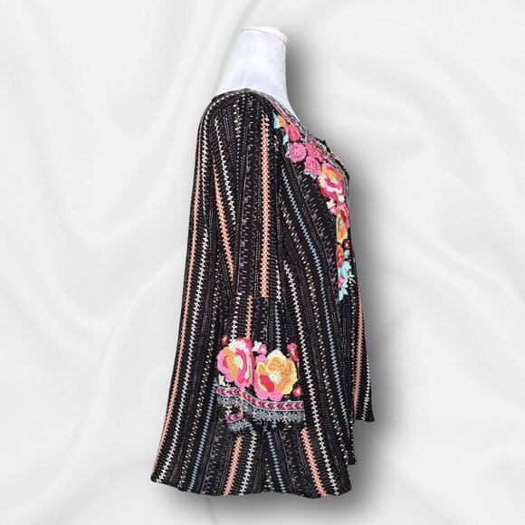 Savanna Jane Embroidered Boho Tunic Top Black Floral Stripes Bell Sleeve Sz 1X - Picture 4 of 11